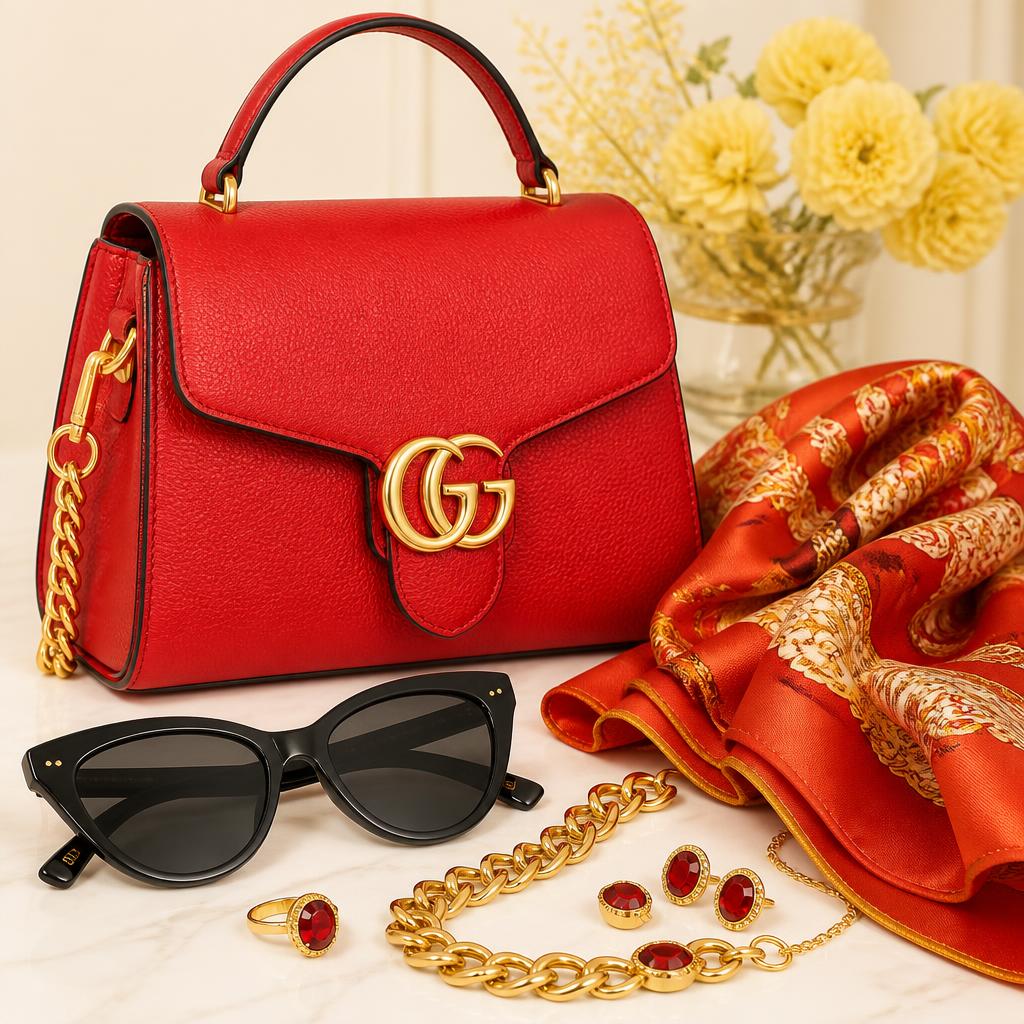 Red handbag, sunglasses, gold jewelry and silk scarf